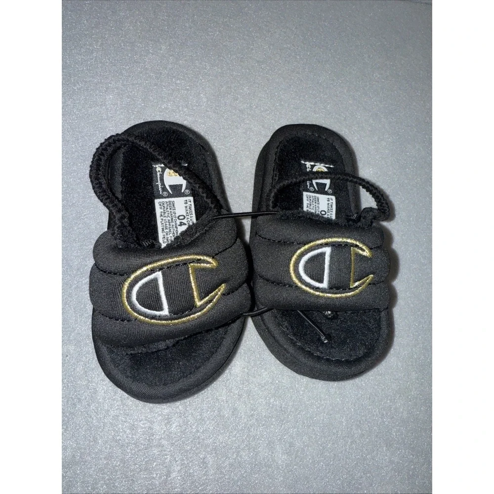 Champion Plush Core Slides Black White Gold CPS10477T‎ Toddler NWOB Size 04